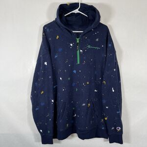 Champion 1/4 Zip Hoodie Mens Size XXL 2XL Navy Paint Splatter AOP French Terry
